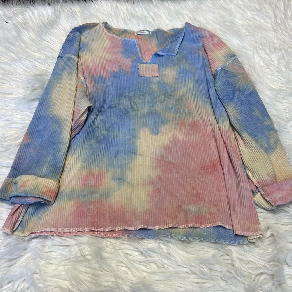 JODIFL Multicolor Pastel Thermal Cotton Tie-Dye Long Sleeve Boho Top Early Fall